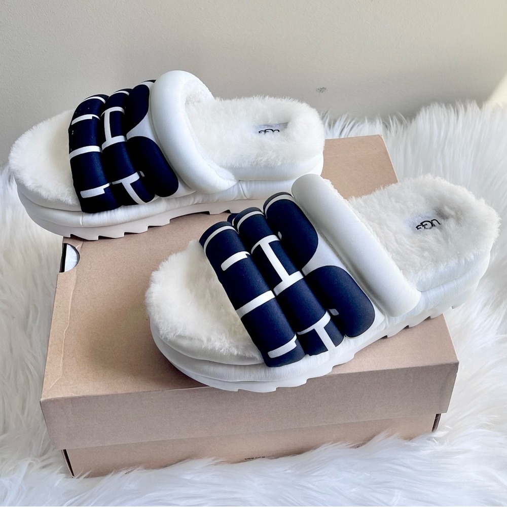 NIB UGG Puft Maxi Slide Logo White Real Lamb Fur - Size 6 - Picture 10 of 13